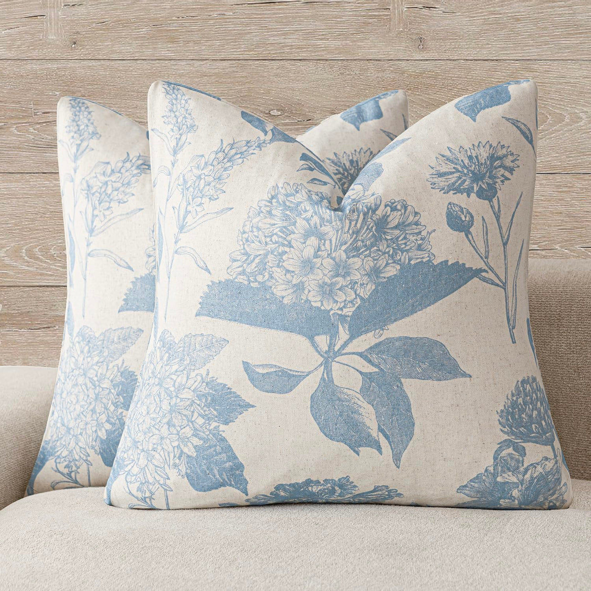 Foindtower Set of 2 Linen Floral Vintage Throw Pillow Covers Neutral Accent Print Decorative Cozy Cushion Covers Farmhouse Boho Home Decor for Sofa Chair Couch Bed Living Room,18×18 Inch,Navy Blue