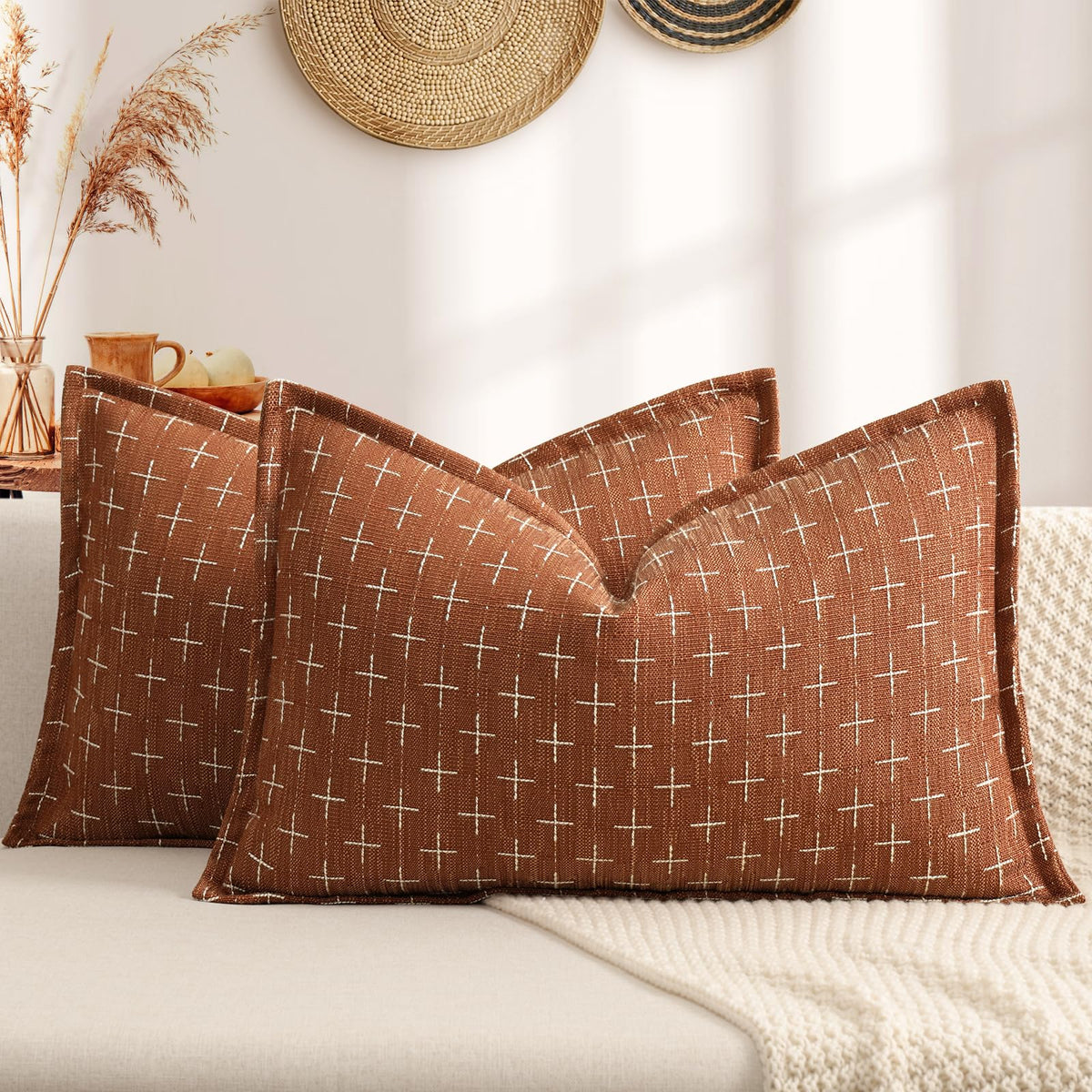 ZWJD Fall Pillow Covers 20x20 Set of 2 Soft Polyester Textured Rust Pillow Covers with Stylish Flange Edge Cozy Farmhouse Throw Pillows for Couch Bed Sofa Living Room Fall Decor