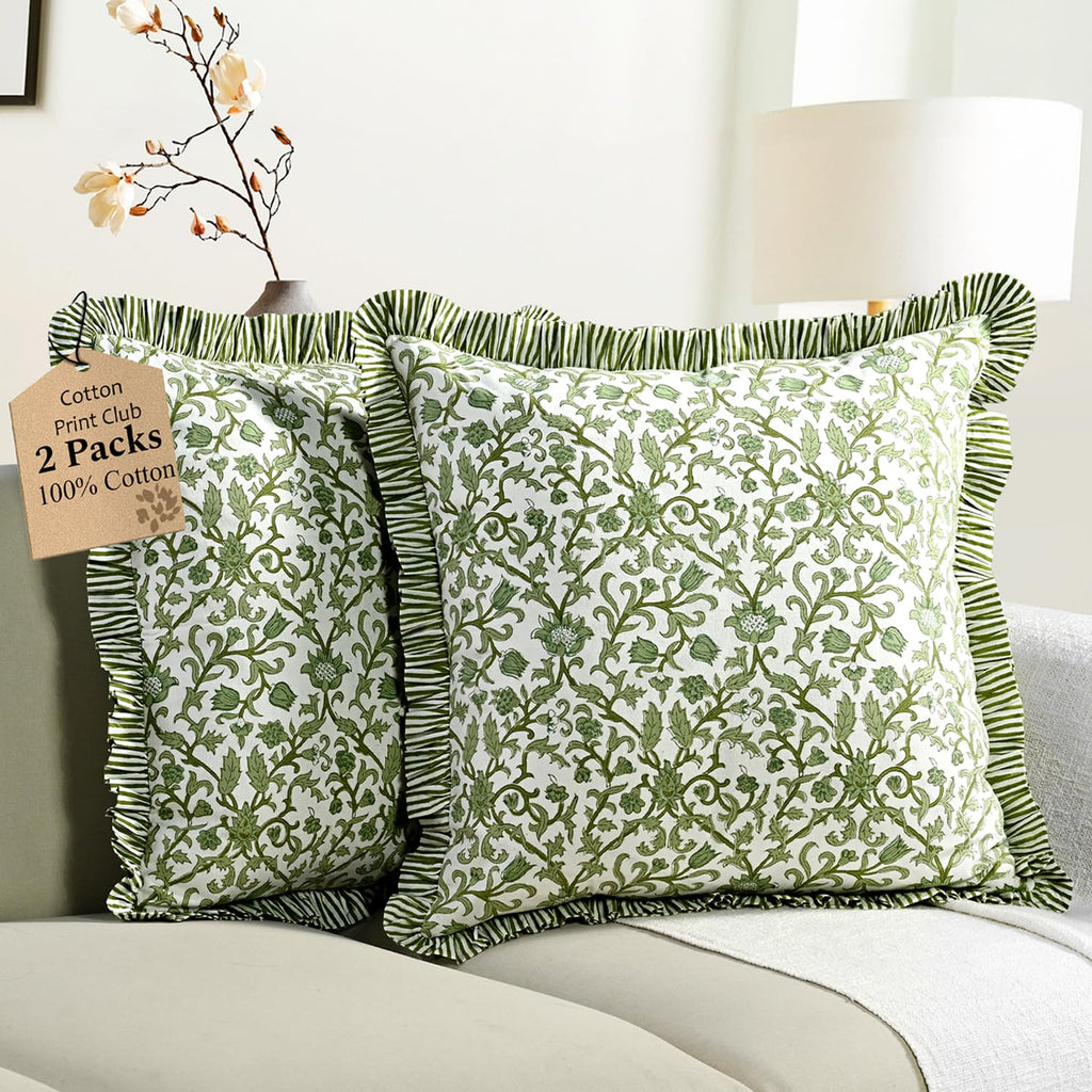 CPC Block Print Ruffle Throw Pillow Cover Emerald Green 20"x20", Pack of 2
