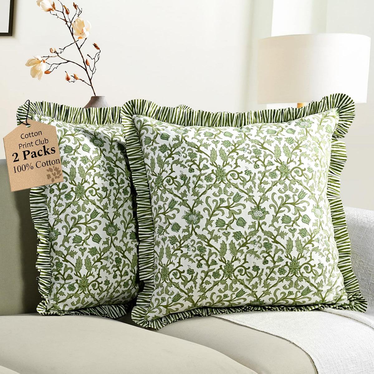 CPC Block Print Ruffle Throw Pillow Cover Emerald Green 20"x20", Pack of 2