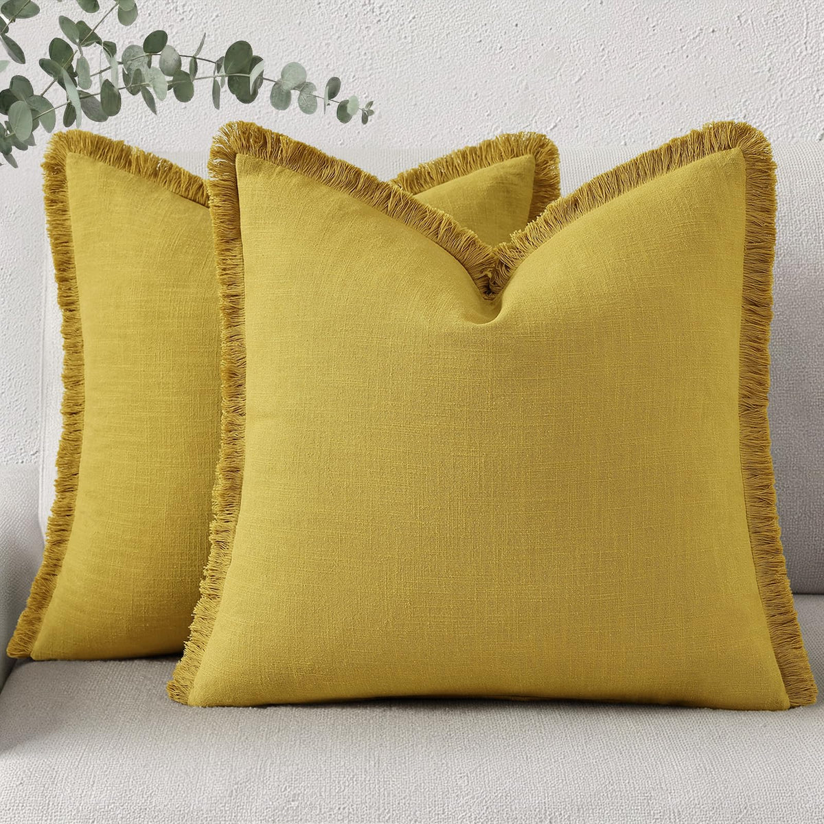 decorUhome Linen Fringe Natural Beige Throw Pillow Covers 18x18 Set of 2