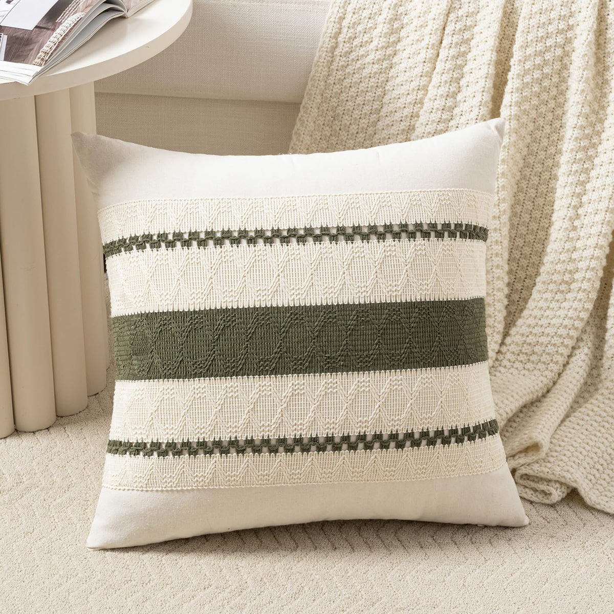Fancy Homi Set of 1 Sage Green Boho Lumbar Decorative Throw Pillow Covers 12x20 Inch for Living Room Bedroom Couch Bed Chair, Rustic Retro Cushion Case, Bohemian Room Home Decor