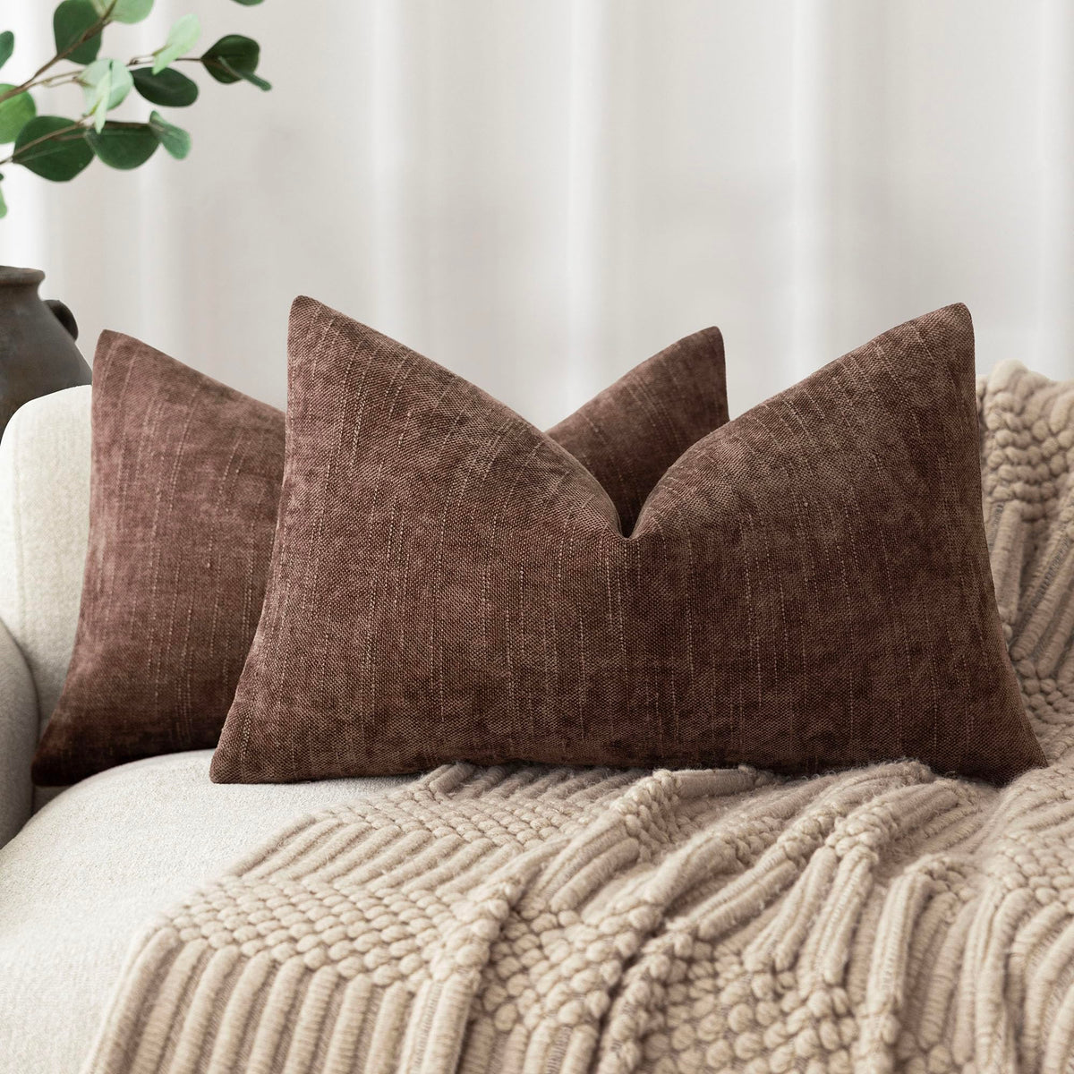 Foindtower Solid Textured Chenille Throw Pillow Covers 20x20 Inch,Taupe