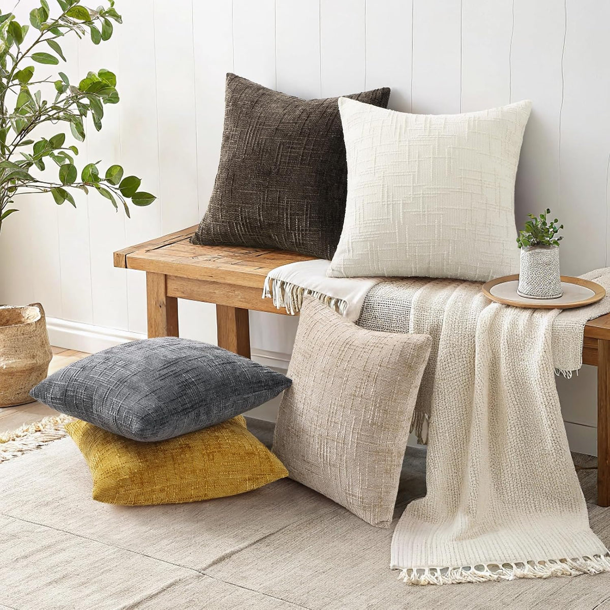 decorUhome Textured Chenille Throw Pillow Covers 18x18 Set of 2 Cream White