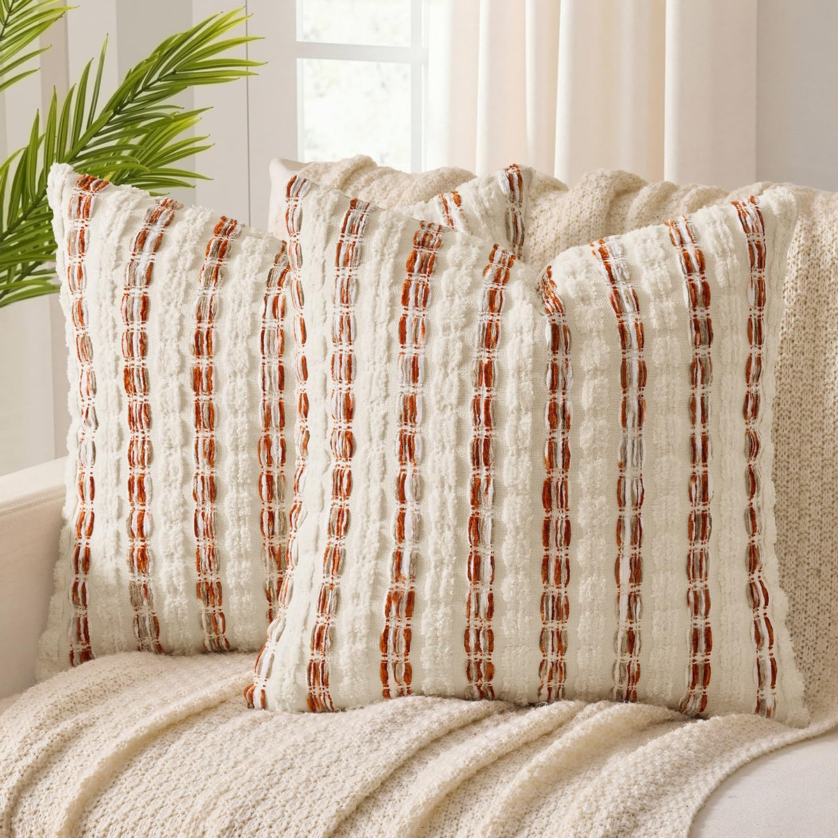 ANRODUO Boho Decorative Pillow Covers Olive Green Stripe 18x18 Pack of 2