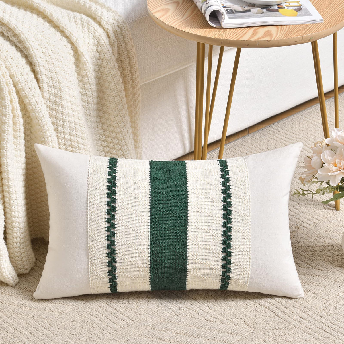 Fancy Homi Set of 1 Sage Green Boho Lumbar Decorative Throw Pillow Covers 12x20 Inch for Living Room Bedroom Couch Bed Chair, Rustic Retro Cushion Case, Bohemian Room Home Decor