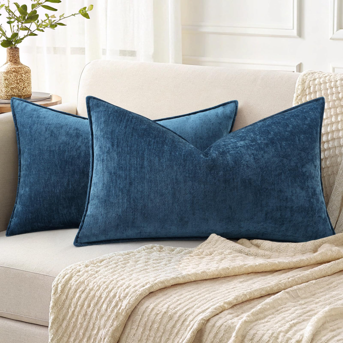 decorUhome Chenille Beige Velvet Throw Pillow Covers 18x18 Set of 2