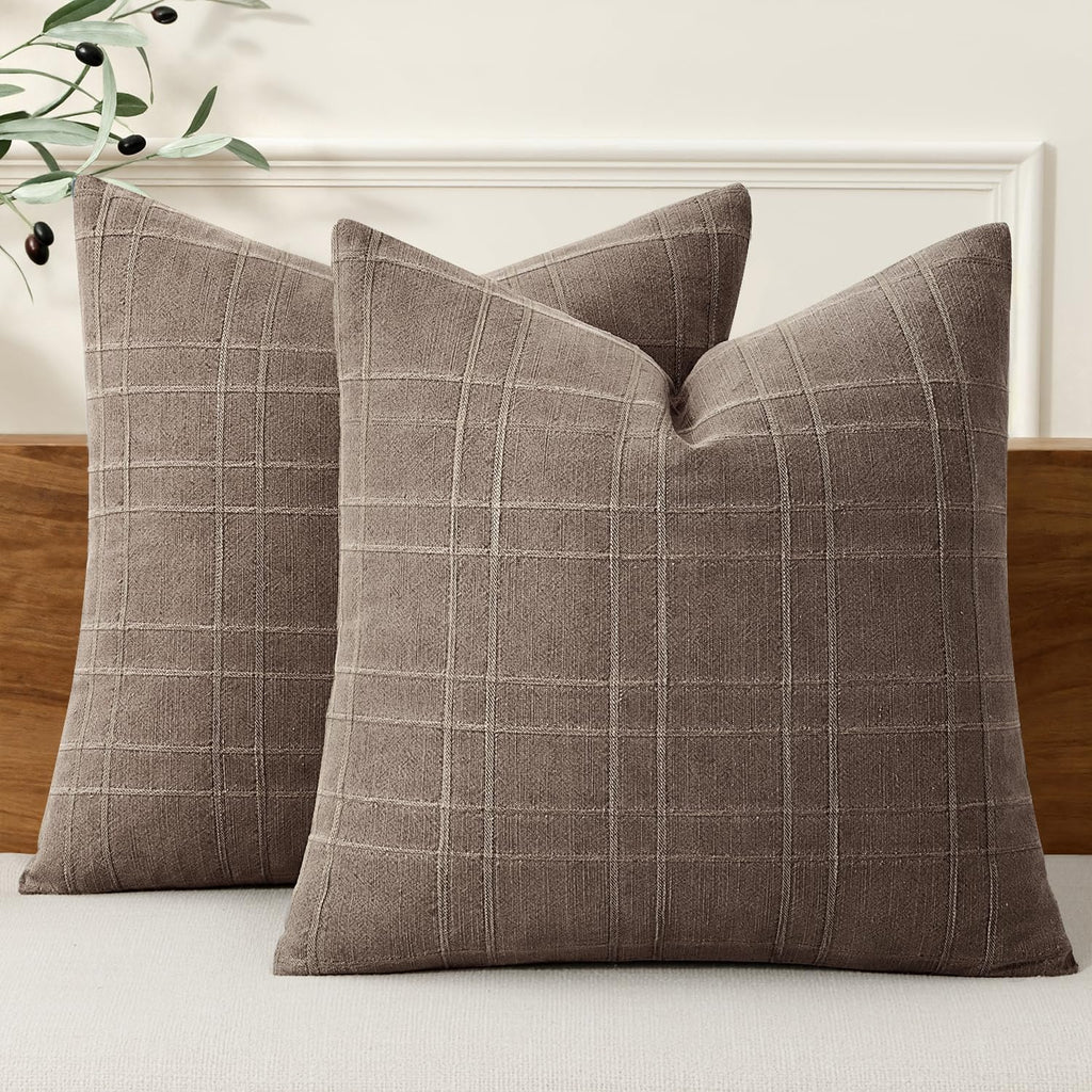 MIULEE Linen Plaid Pillow Covers Decorative 20x20 Natural Beige