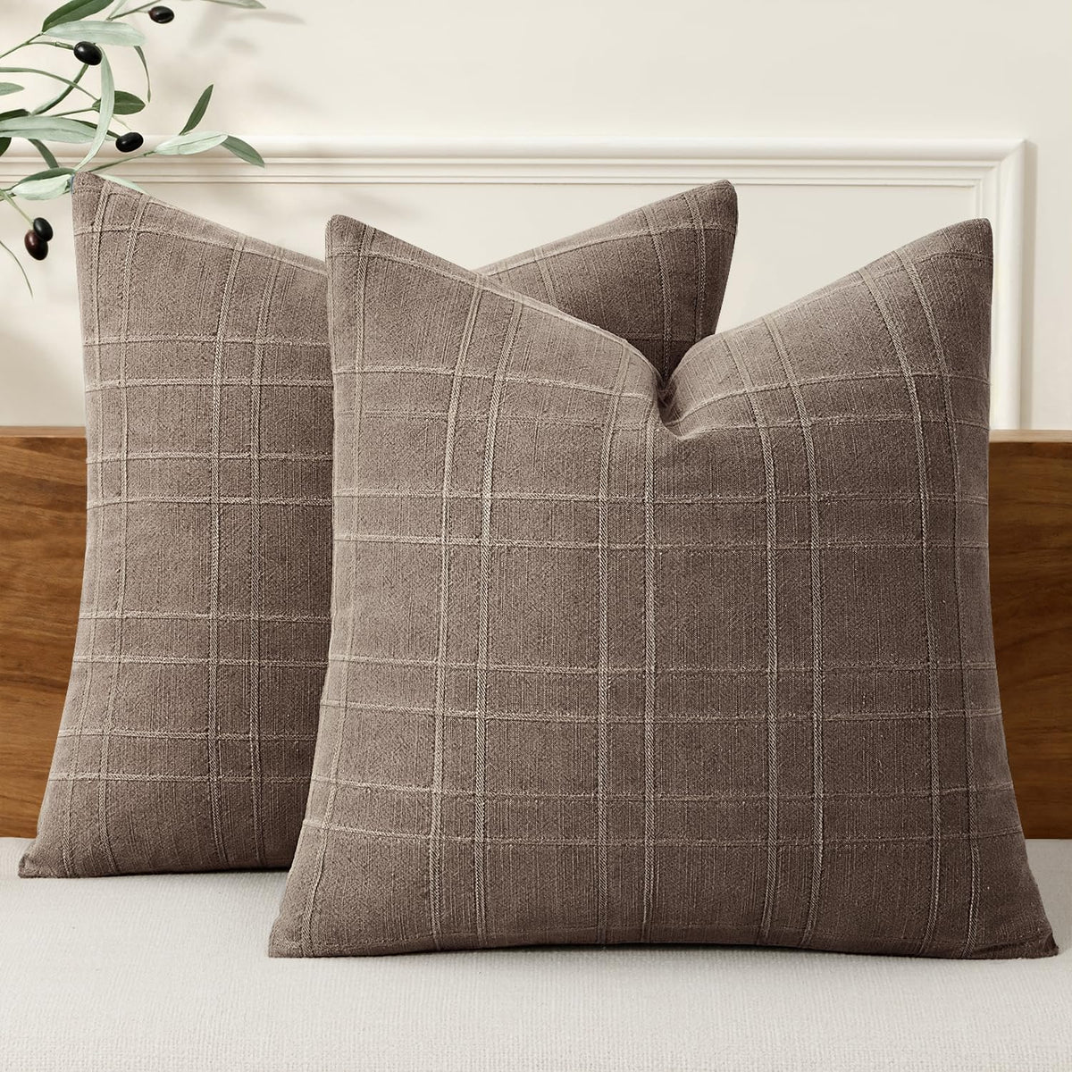 MIULEE Linen Plaid Pillow Covers Decorative 20x20 Natural Beige