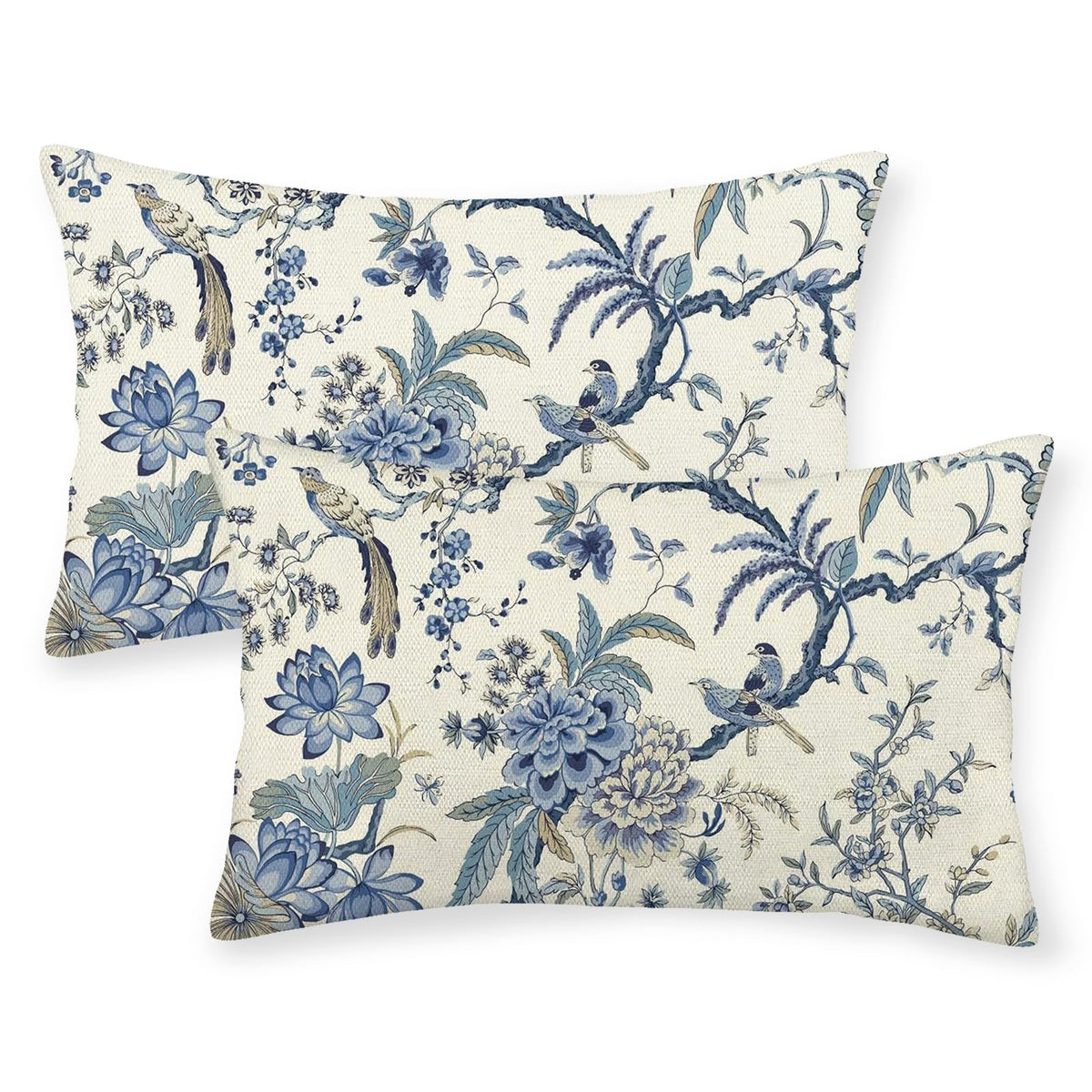 Chinoiserie Pillow Covers 18x18 Set of 2 Blue Green Bird Floral Throw Pillows Vintage Blue Flowers Decorations Outdoor Pillowcase Chinoiserie Decor Farmhouse Linen Cushion Case for Couch Home