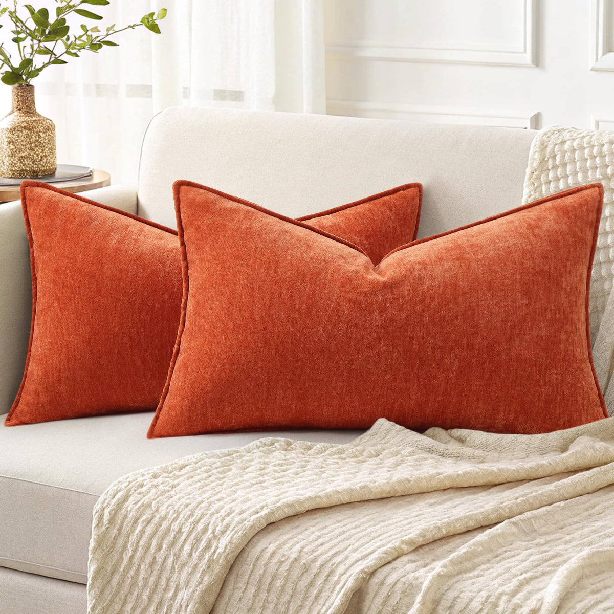 decorUhome Chenille Beige Velvet Throw Pillow Covers 18x18 Set of 2