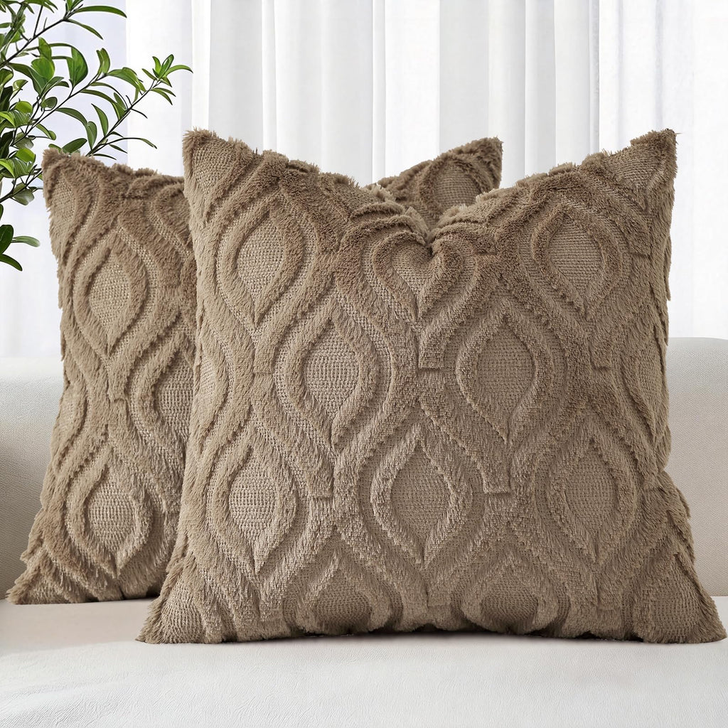 decorUhome Faux Fur Plush Soft Beige Throw Pillow Covers 18x18 Set of 2