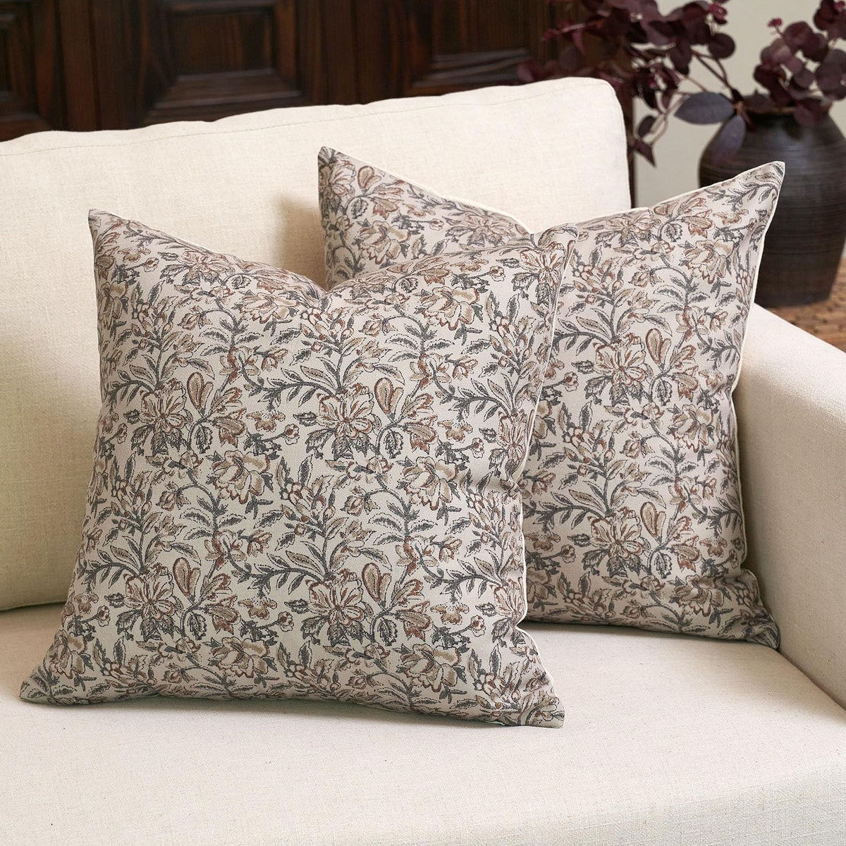 Amor Virisso Floral Throw Pillow Covers 20x20 Set of 2 Vintage Block Print Pillow Covers Decorative Pillow Covers Couch Pillows for Living Room Farmhouse Accent Sofa Pillows, Red/Sand