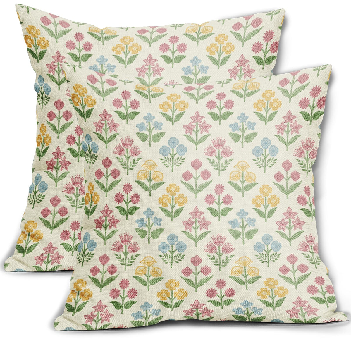 Blue Green Block Print Pillow Covers 18x18 Inch Set of 2, Vintage Floral Spring Decorative Throw Pillow Cases Boho Cushion Covers Rustic Decoration Gift Farmhouse Sofa Couch Bed Decor