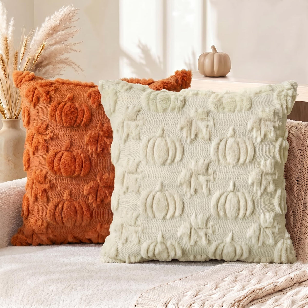 AVOIN colorlife Beige Fall Pumpkin Throw Pillow Covers 18x18 Inch
