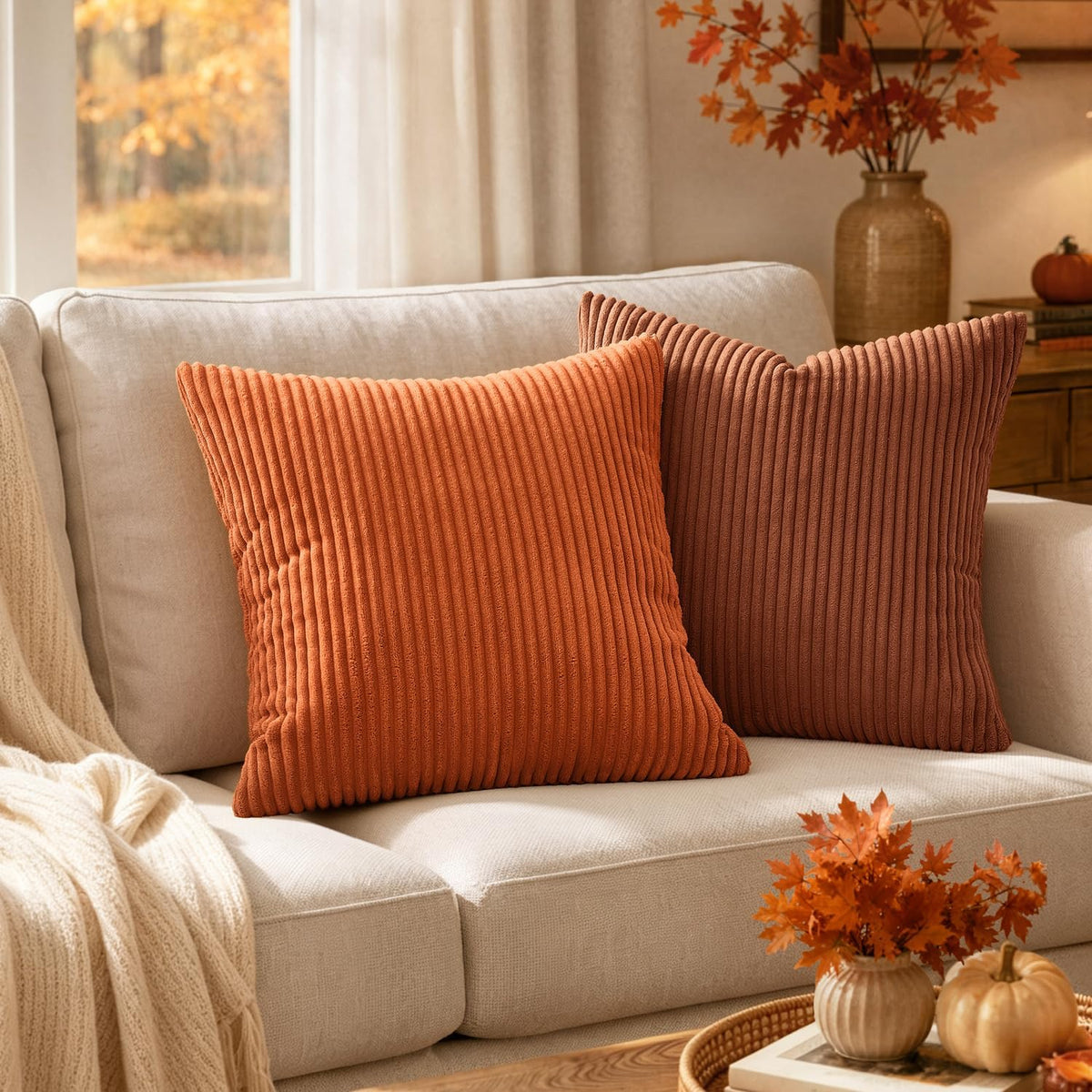 MIULEE Fall Decorative Corduroy Throw Pillow Covers Set of 2 20x20 Orange