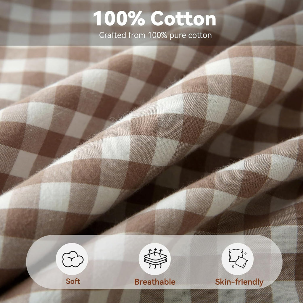Gingham Throw Pillow Covers 18x18, Warm Taupe/White, Ruffle Trim