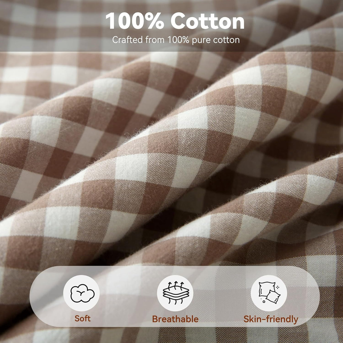 Gingham Throw Pillow Covers 18x18, Warm Taupe/White, Ruffle Trim