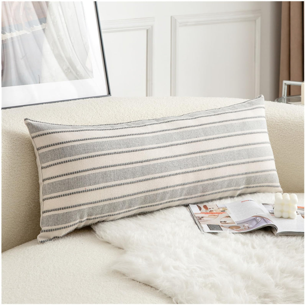 Cethom Decorative Boho Throw Pillow Covers, Farmhouse Textured Pillow Case, 20 x 20 Inch Set of 2, Chair Sofa Bedroom Living Room Home Decor Couch Cushion Case, Classic Blue and Beige Striped