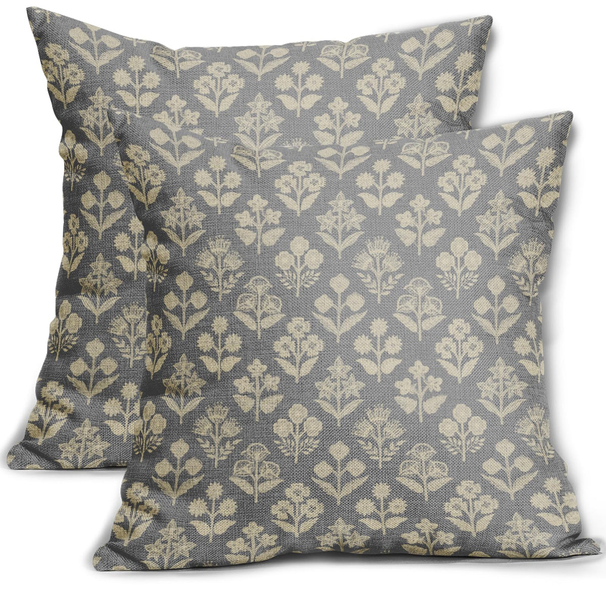 Blue Green Block Print Pillow Covers 18x18 Inch Set of 2, Vintage Floral Spring Decorative Throw Pillow Cases Boho Cushion Covers Rustic Decoration Gift Farmhouse Sofa Couch Bed Decor