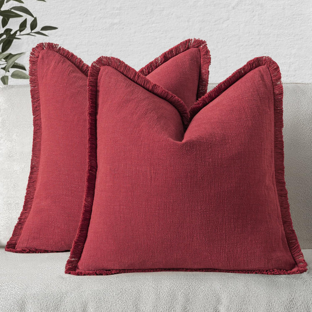 MIULEE Linen Fringe Decorative Throw Pillow Covers Natural Beige 20x20