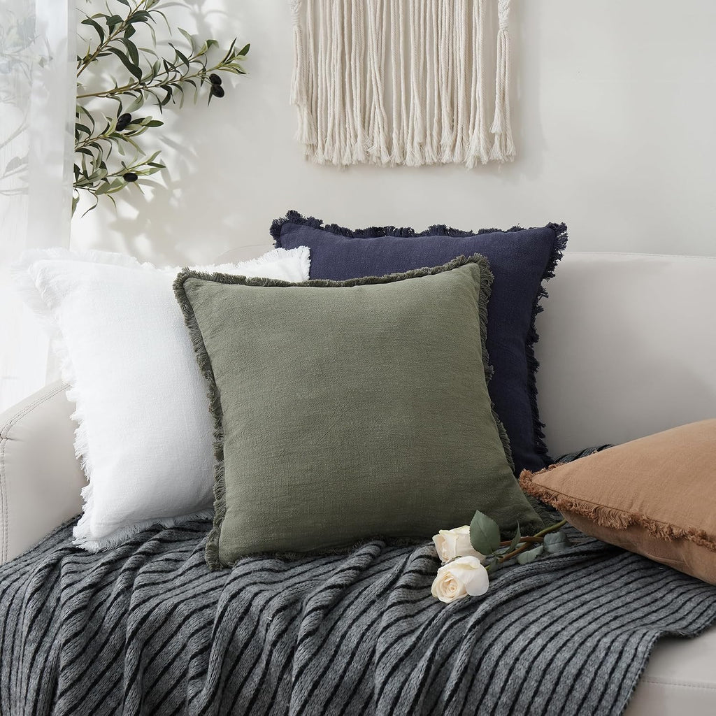 Foindtower Decorative Linen Fringe Throw Pillow Covers 18×18 Olive Green