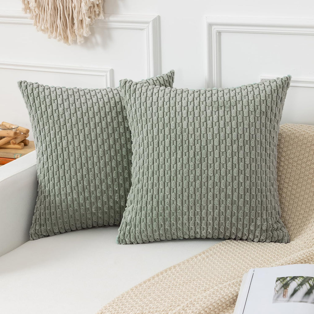 Kevin Textile Soft Corduroy 18x18 Inch Pillow Covers 2 Pack, Sage Green