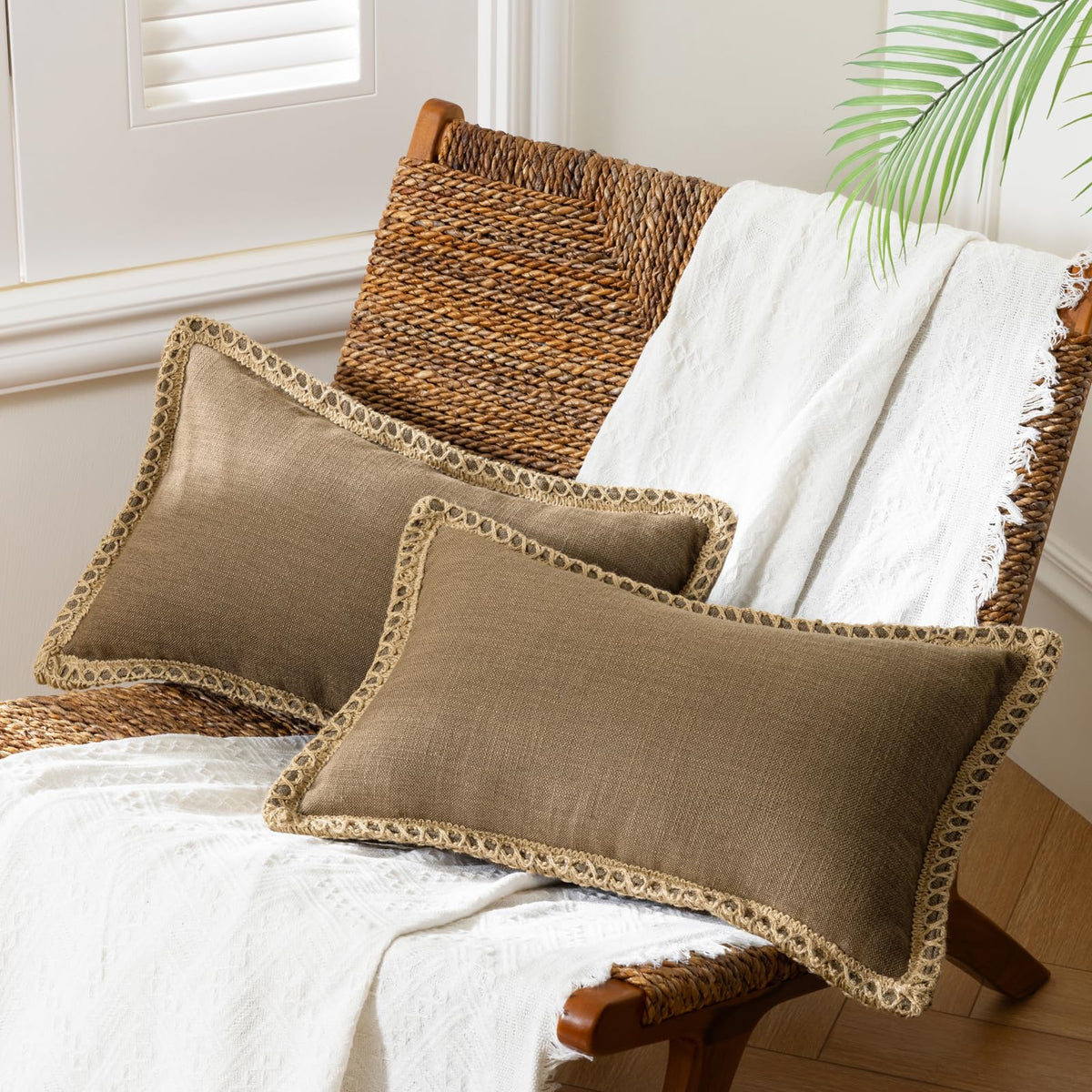 Phantoscope Pack of 2 Farmhouse Decorative Solid Throw Decorative Pillow Cover Burlap Linen Trimmed Tailored Edges Navy Blue 18 x 18 inches, 45 x 45 cm
