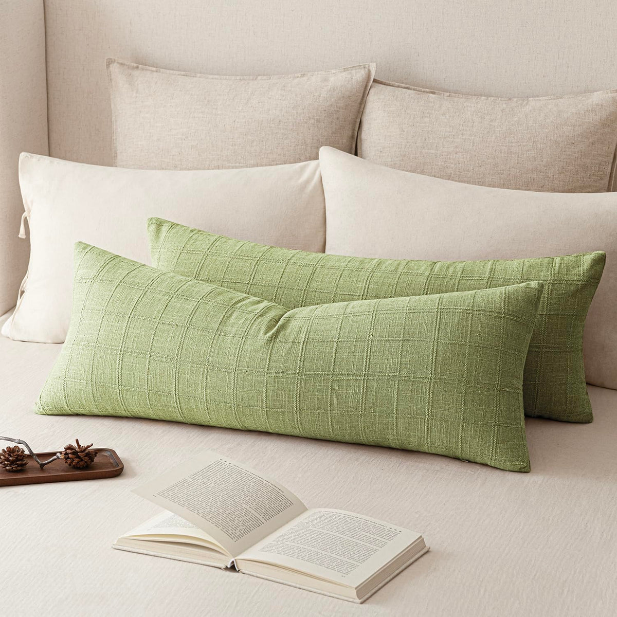 Foindtower Boho Linen Check Decorative Throw Pillow Cover 20×20 Olive Green