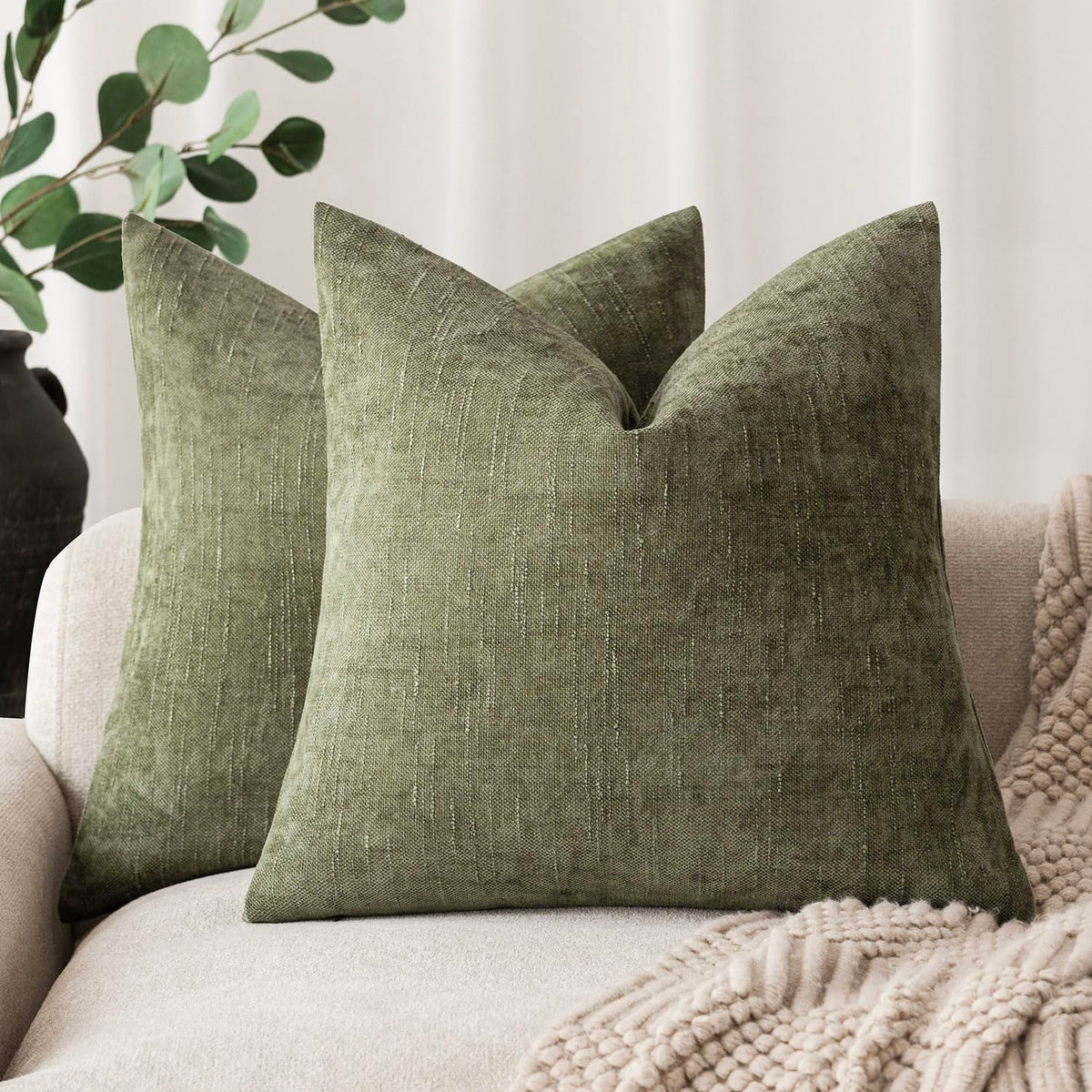 Foindtower Solid Textured Chenille Throw Pillow Covers 20x20 Inch,Taupe