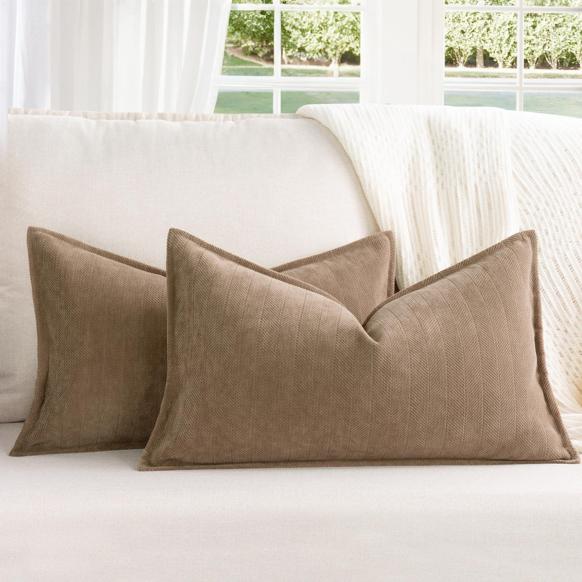 ZWJD Beige Pillow Covers 20x20 Set of 2 Chenille Throw Pillow Covers with Elegant Design Soft and Luxurious Decorative Throw Pillows for Couch, Bed, and Home Decor