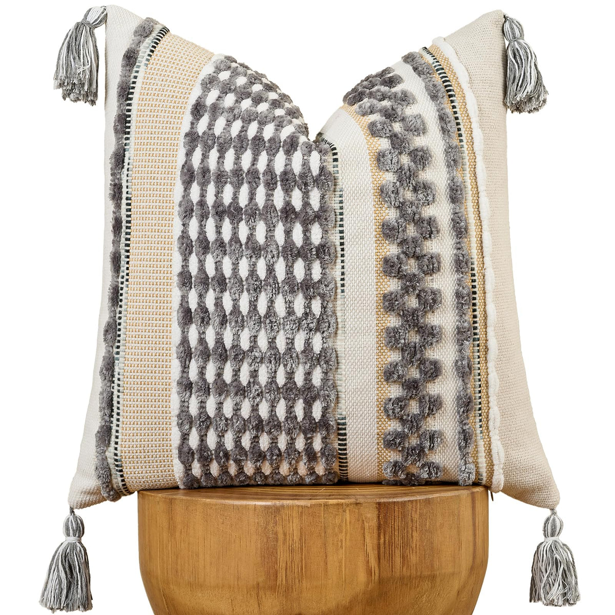 AmHoo Set of 2 Chenille Striped Textured Boho Throw Pillow Covers Aesthetic with Tassels Woven Decorative Pillow Case for Couch Bed Sofa Bedroom Modern Funky 18 x 18-Inch Brown