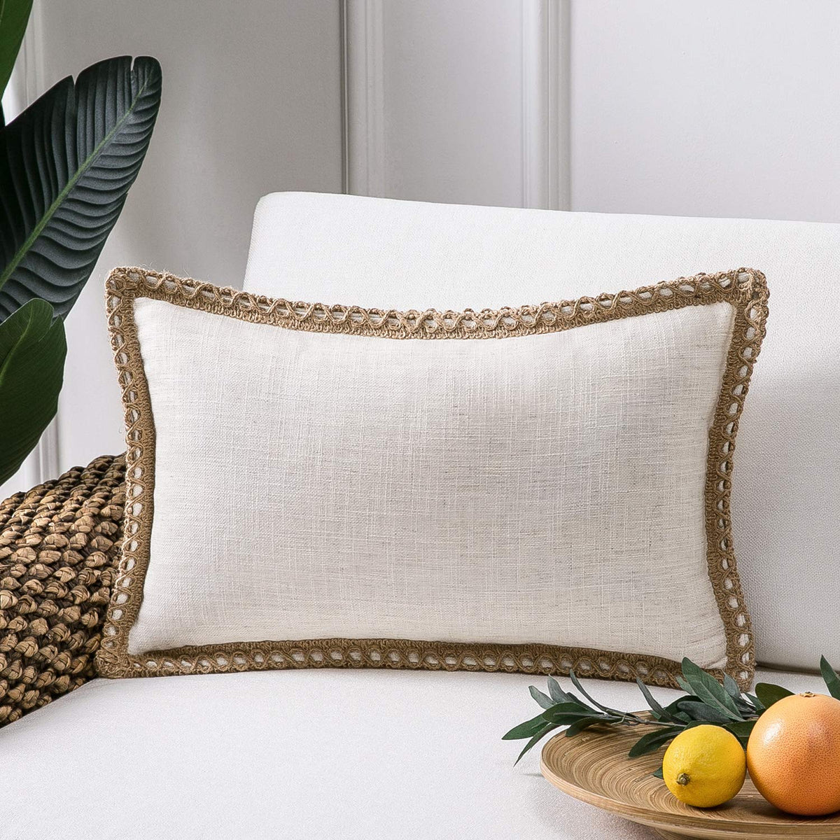 Phantoscope Pack of 2 Farmhouse Decorative Solid Throw Decorative Pillow Cover Burlap Linen Trimmed Tailored Edges Navy Blue 18 x 18 inches, 45 x 45 cm