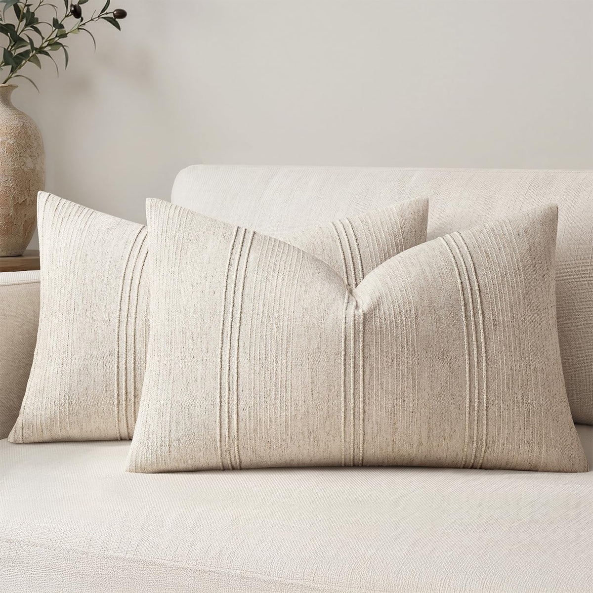 MIULEE Decorative Striped Throw Pillow Covers 20x20 Inch Olive Green 2 Pack