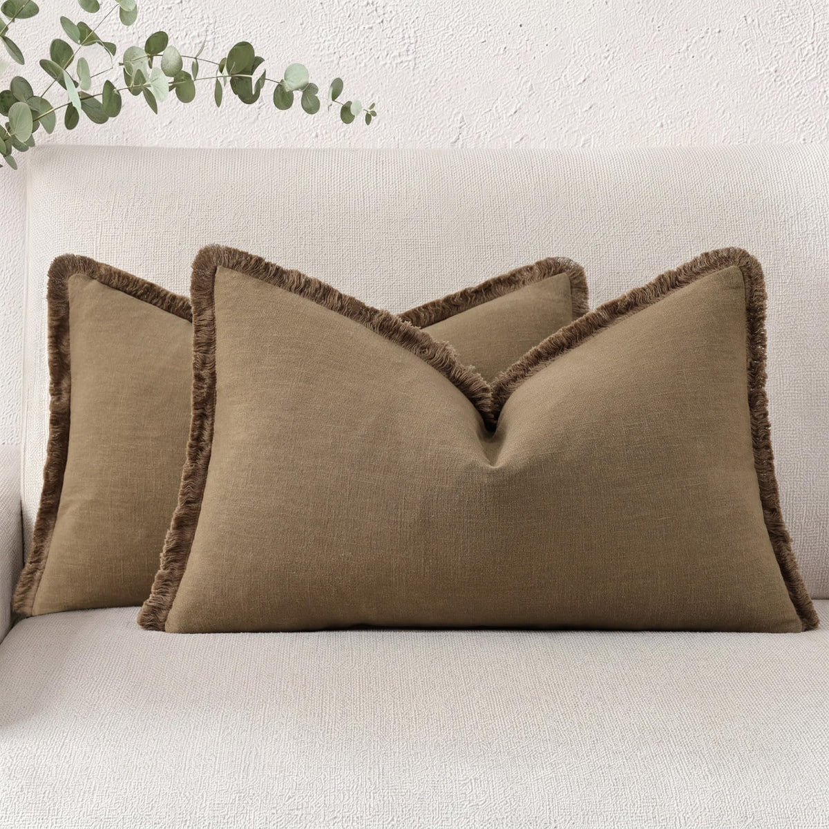 decorUhome Linen Fringe Natural Beige Throw Pillow Covers 18x18 Set of 2