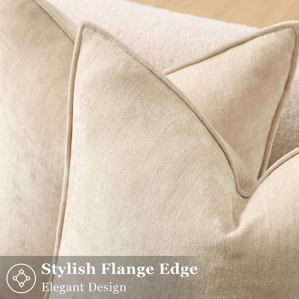 decorUhome Chenille Beige Velvet Throw Pillow Covers 18x18 Set of 2