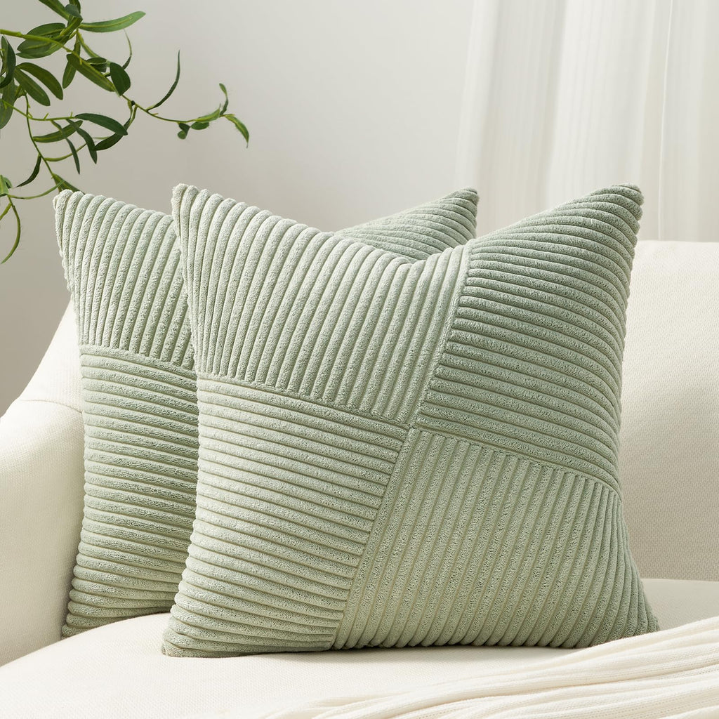 Topfinel Olive Green Decorative Throw Pillow Covers Set of 2 18x18 Inches for Couch Bed Sofa, Boho Aesthetic Home Decor, Soft Corduroy Striped Patchwork Windmill Textured Cushion Cases 45x45 cm