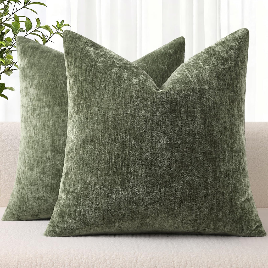 decorUhome Soft Chenille Moss Green Throw Pillow Covers 18X18 Set of 2