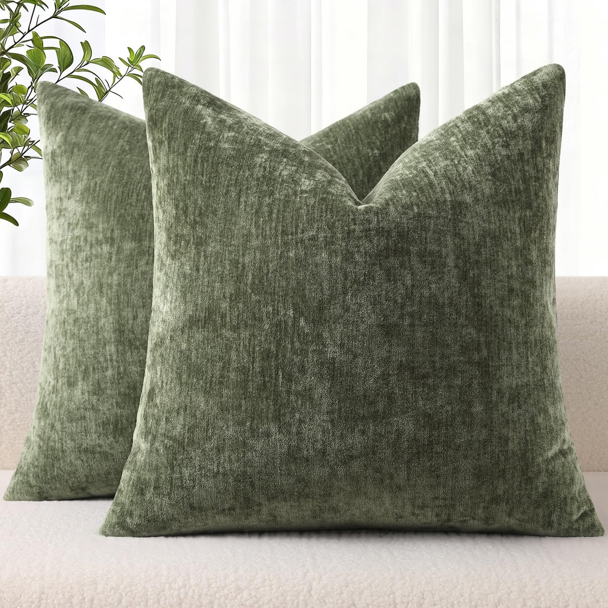 decorUhome Soft Chenille Moss Green Throw Pillow Covers 18X18 Set of 2