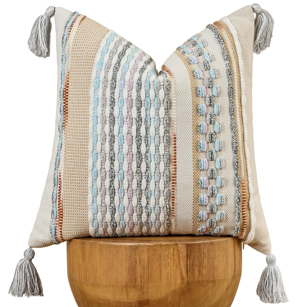 AmHoo Set of 2 Chenille Striped Textured Boho Throw Pillow Covers Aesthetic with Tassels Woven Decorative Pillow Case for Couch Bed Sofa Bedroom Modern Funky 18 x 18-Inch Brown