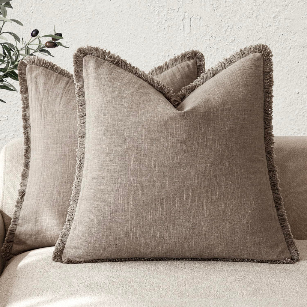 Foindtower Decorative Linen Fringe Throw Pillow Covers 18×18 Olive Green