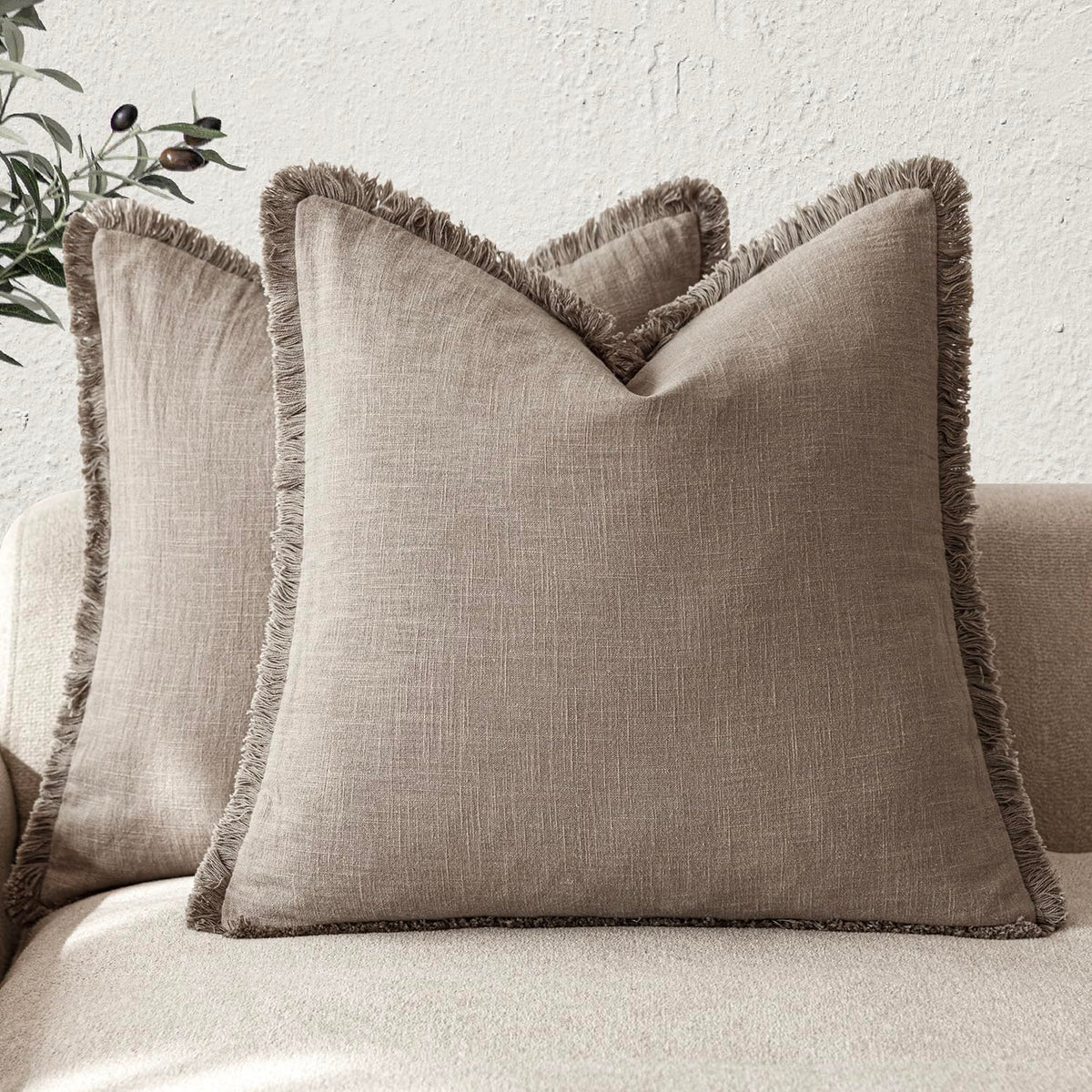 Foindtower Decorative Linen Fringe Throw Pillow Covers 18×18 Olive Green