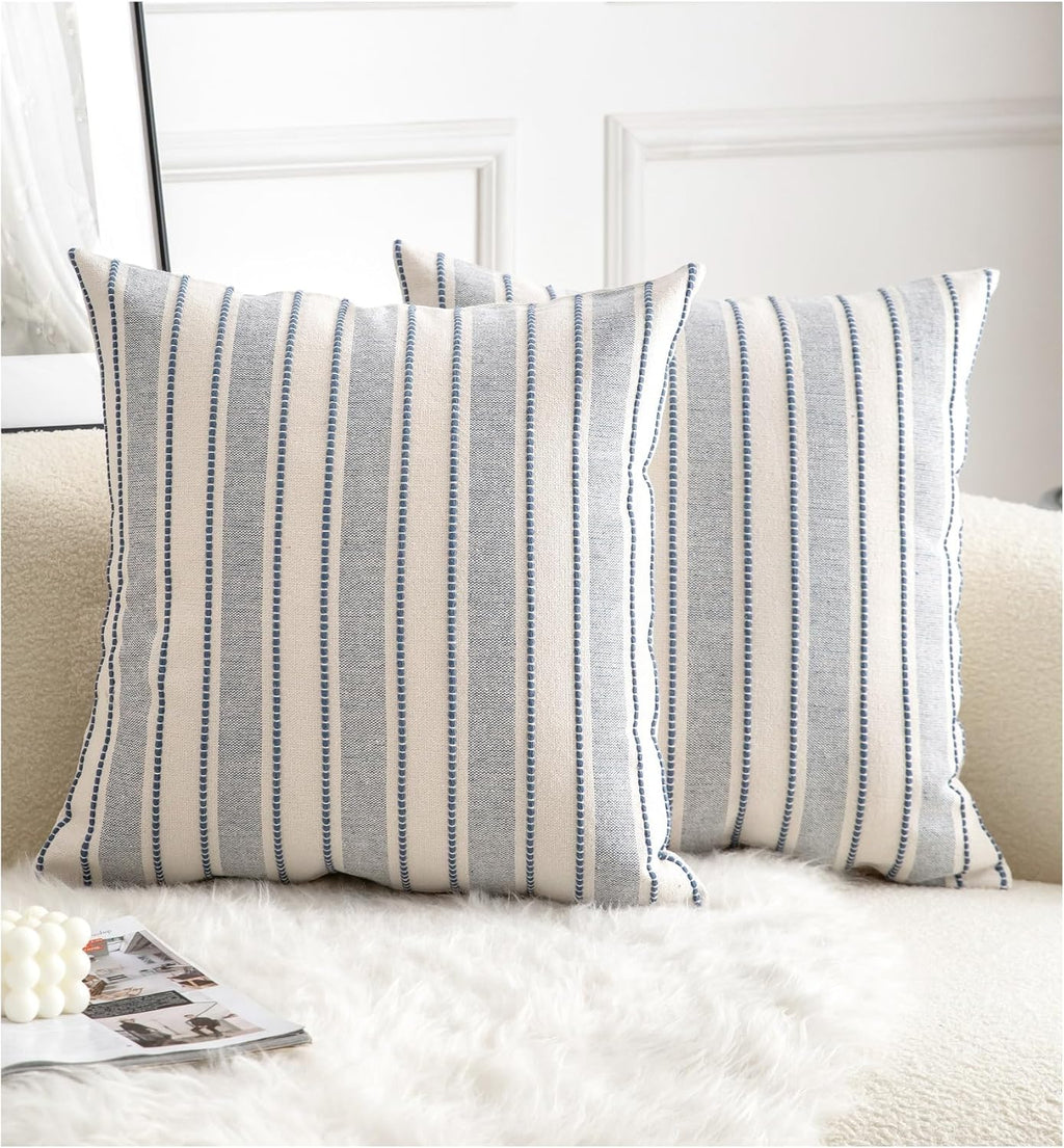 Cethom Decorative Boho Throw Pillow Covers, Farmhouse Textured Pillow Case, 20 x 20 Inch Set of 2, Chair Sofa Bedroom Living Room Home Decor Couch Cushion Case, Classic Blue and Beige Striped