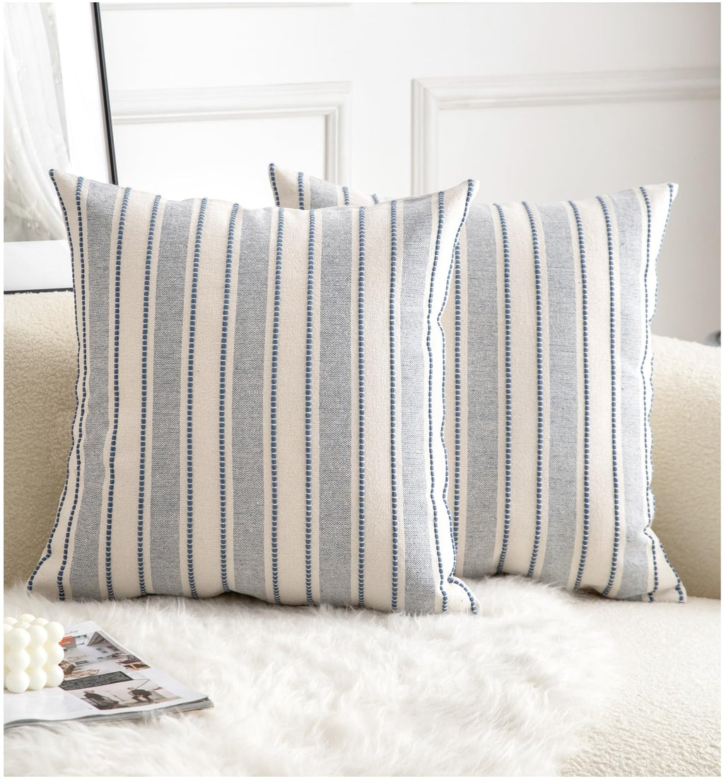 Cethom Decorative Boho Throw Pillow Covers, Farmhouse Textured Pillow Case, 20 x 20 Inch Set of 2, Chair Sofa Bedroom Living Room Home Decor Couch Cushion Case, Classic Blue and Beige Striped