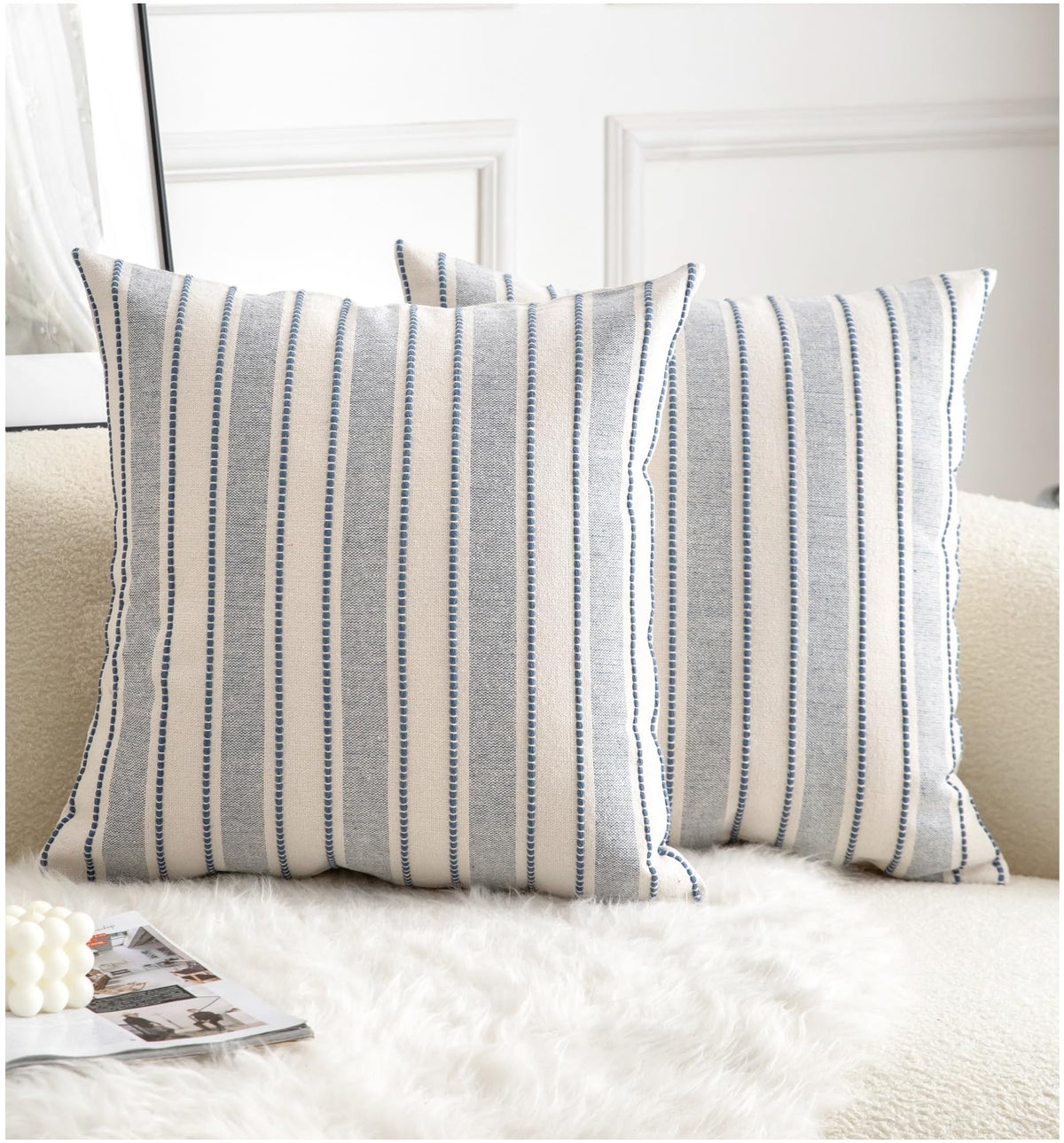 Cethom Decorative Boho Throw Pillow Covers, Farmhouse Textured Pillow Case, 20 x 20 Inch Set of 2, Chair Sofa Bedroom Living Room Home Decor Couch Cushion Case, Classic Blue and Beige Striped
