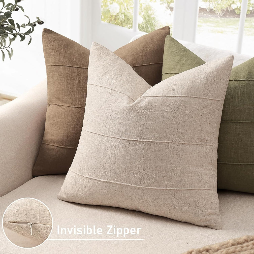 Decorative Linen Throw Pillow Covers 18x18 Set of 2 Solid handcrafted Striped Cushion Covers for Bed Soft Modern Farmhouse Neutral Pillowcase for Couch Bedroom Living Room Home Decor(Natural Beige)
