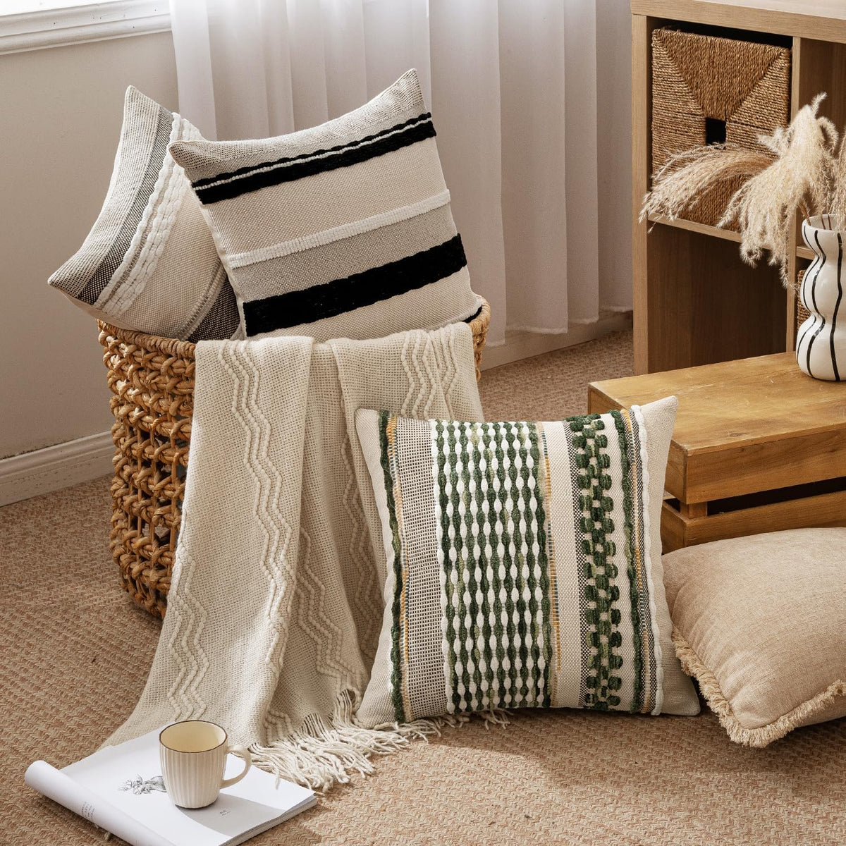 ANRODUO Boho Decorative Pillow Covers Olive Green Stripe 18x18 Pack of 2