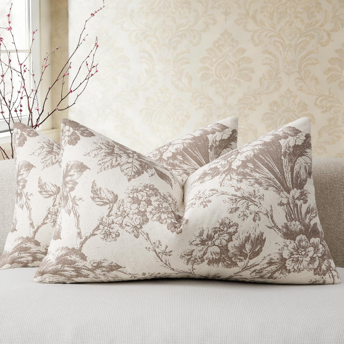 Buenohuas Farmhouse Decorative Pillow Covers 18x18 Set of 2, Vintage Botanical Floral Patterned Cushion Covers for Sofa Couch Chair Bed Living Room Home Decor Accents, Olive Green