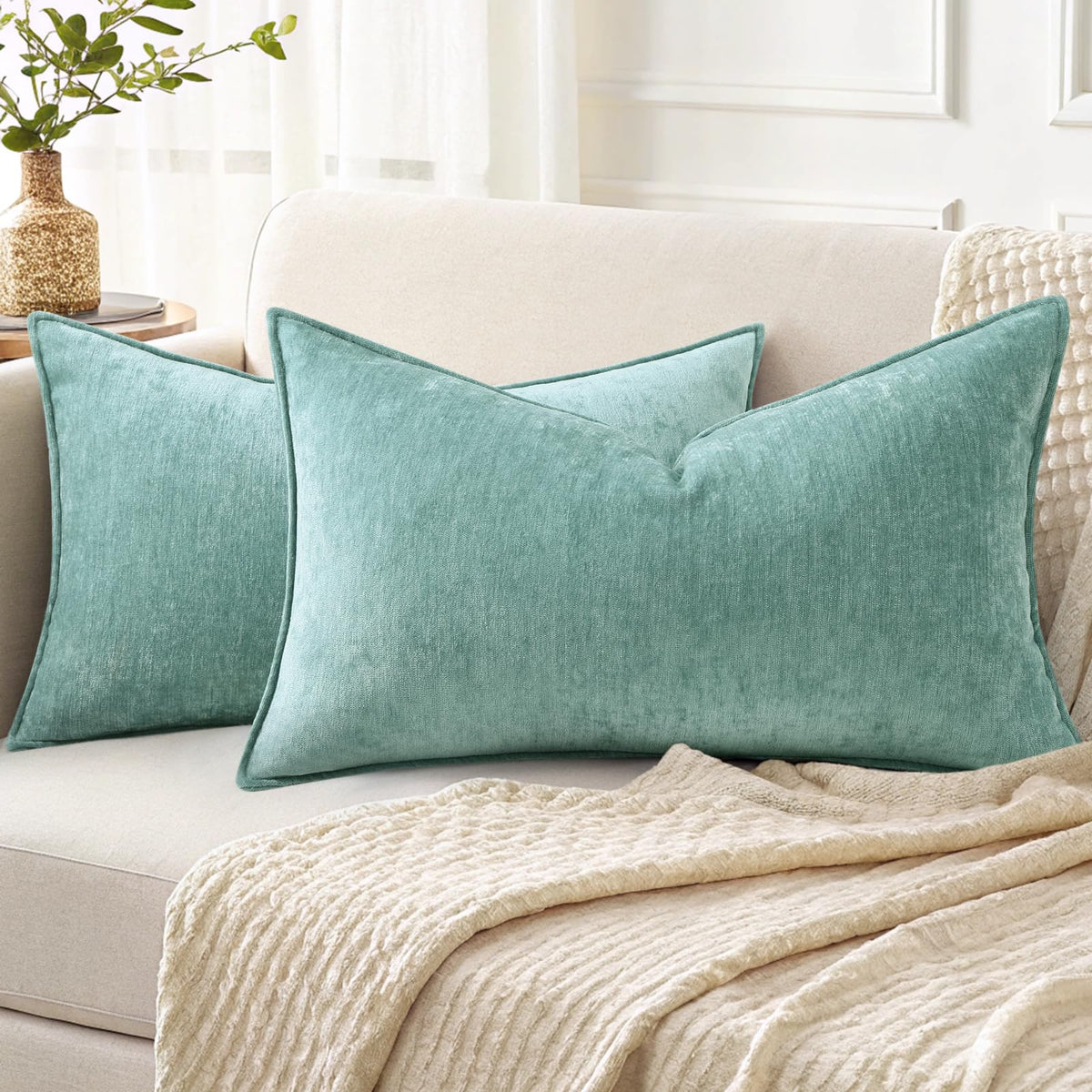 decorUhome Chenille Beige Velvet Throw Pillow Covers 18x18 Set of 2
