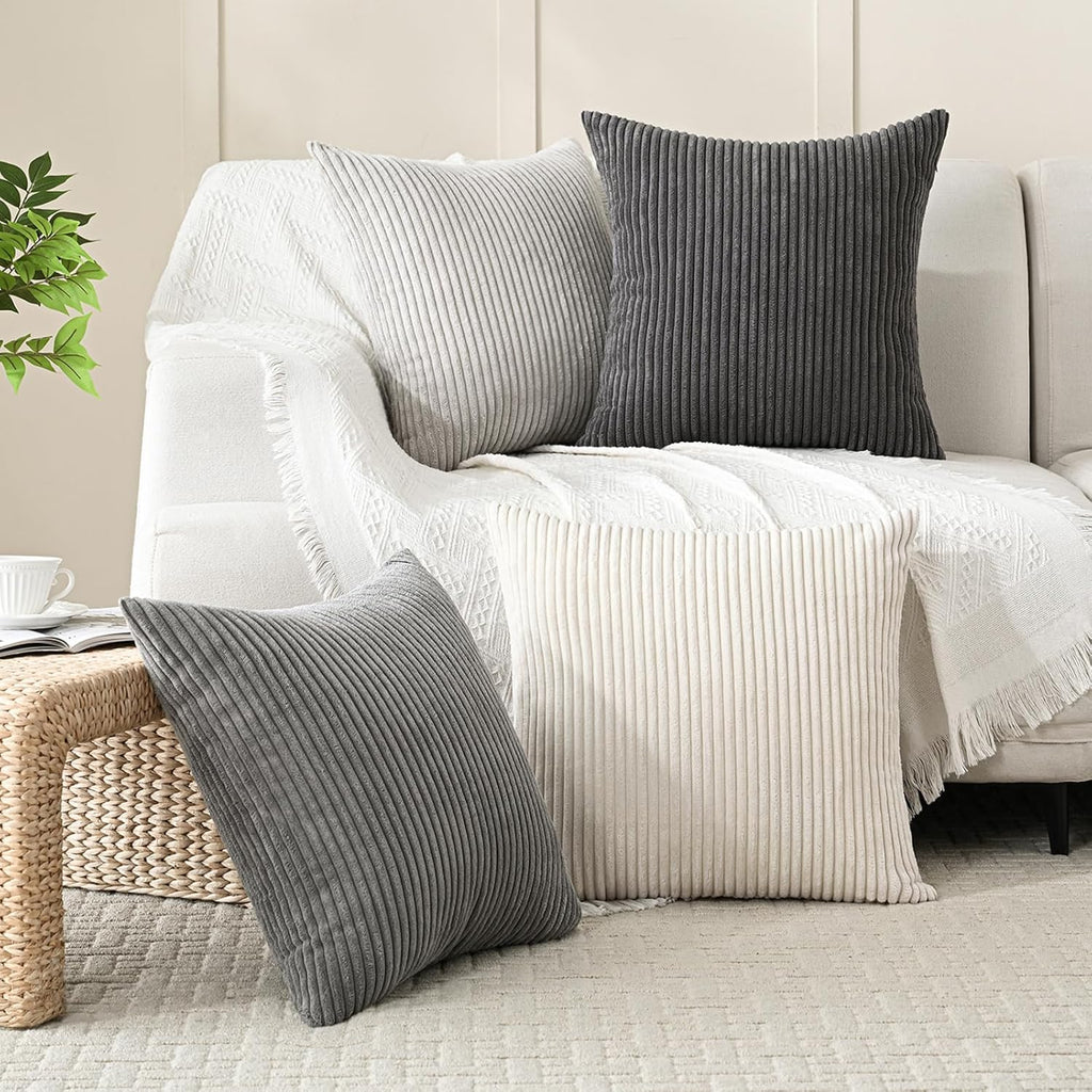 Volcanics Set of 4 Neutral Grey Corduroy Couch Throw Pillow Covers 18x18 in